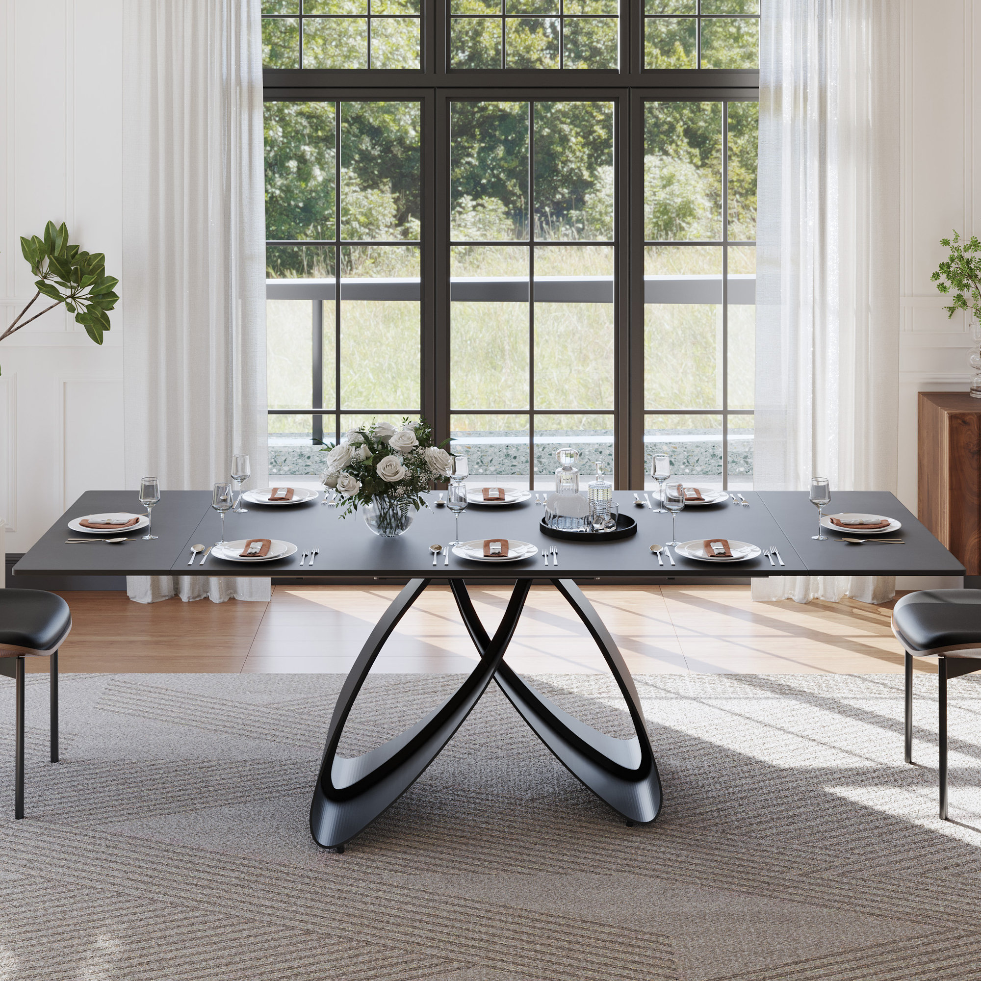 Brayden Studio® 63"-94"Modern Extendable Dining Table for 6-10, Matte Black Kitchen Table with ...